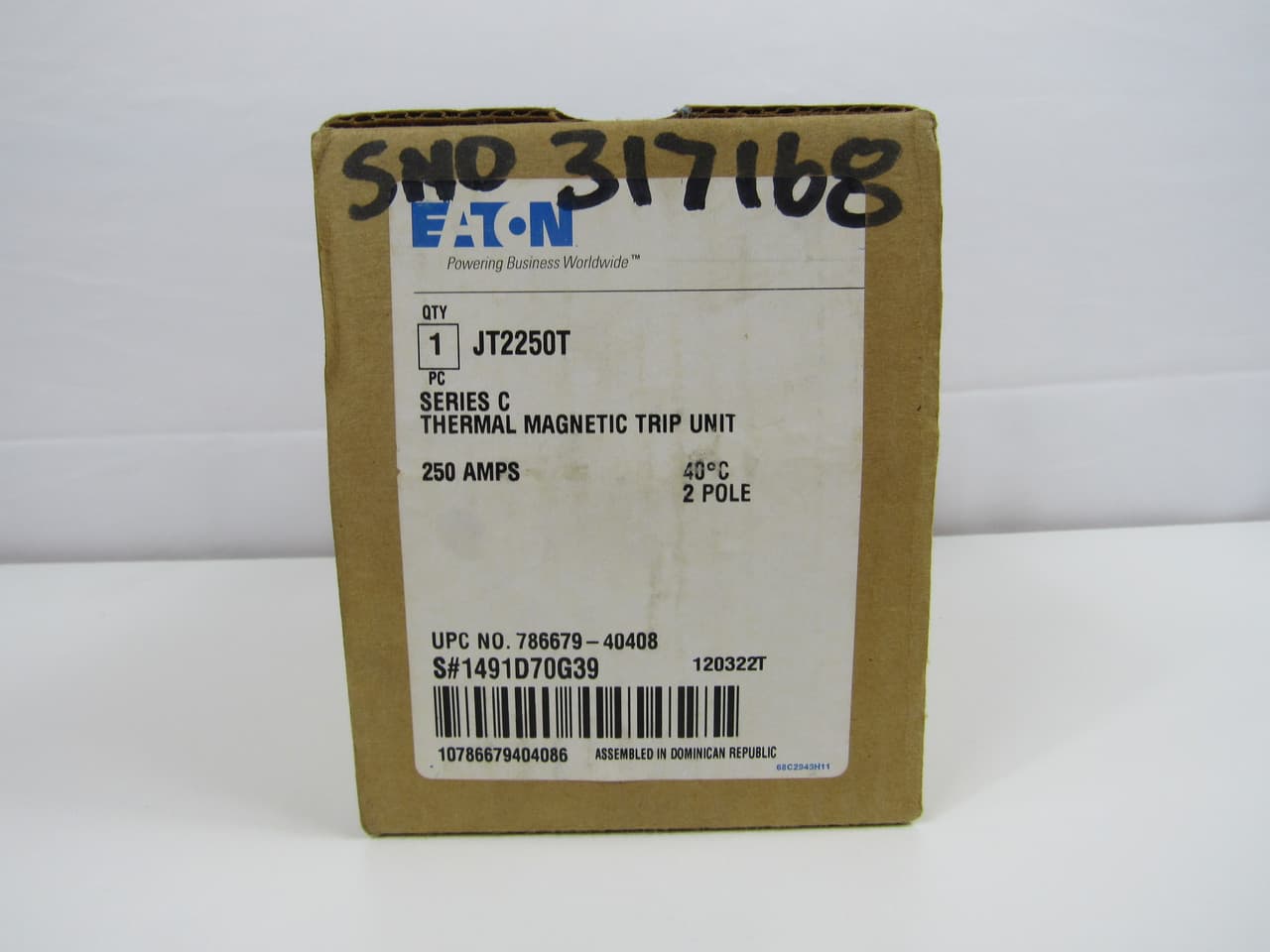 Eaton JT2250T JT2250T Eaton - Eaton molded case circuit breaker accessory trip unit, Trip unit, Trip unit thermal-magnetic, 250 A, Two-pole, Fixed thermal, adjustable magnetic, JT, Frame J-K, Series C Eaton JT2250T JT2250T Eaton - Eaton molded case circuit breaker accessory trip unit, Trip unit, Trip unit thermal-magnetic, 250 A, Two-pole, Fixed thermal, adjustable magnetic, JT, Frame J-K, Series C