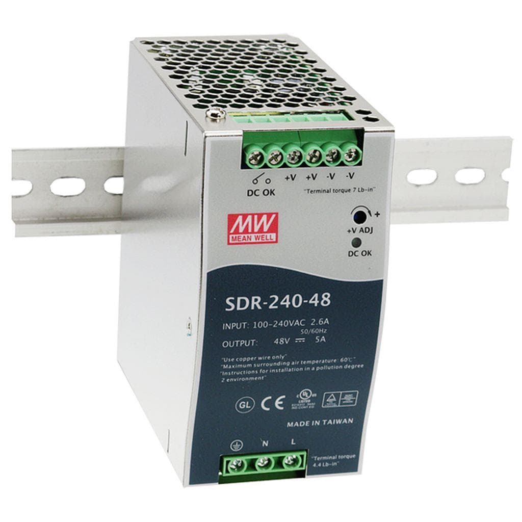 MEAN WELL SDR-240-24 AC-DC Industrial DIN rail power supply; Output 24Vdc at 10A; Metal casing; Ultra slim width 63mm MEAN WELL SDR-240-24 AC-DC Industrial DIN rail power supply; Output 24Vdc at 10A; Metal casing; Ultra slim width 63mm