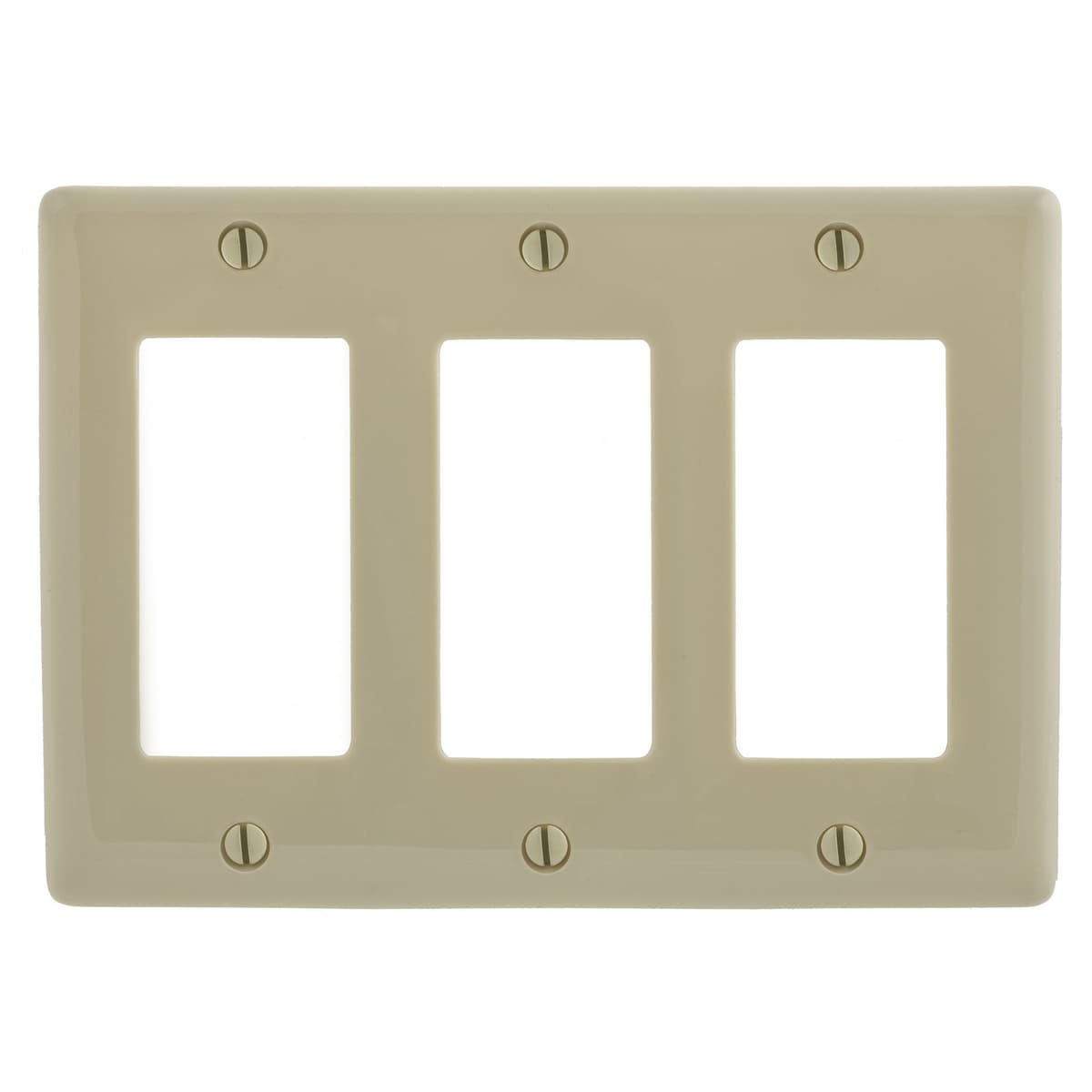 Hubbell NP263I Wallplates and Box Covers, Wallplate, Nylon, 3-Gang, 3) Decorator, Ivory  ; Reinforcement ribs for extra strength ; Captive screw feature holds mounting screw in place ; High-impact, self-extinguishing nylon material ; Standard Size is 1/8" larger to give Hubbell NP263I Wallplates and Box Covers, Wallplate, Nylon, 3-Gang, 3) Decorator, Ivory  ; Reinforcement ribs for extra strength ; Captive screw feature holds mounting screw in place ; High-impact, self-extinguishing nylon material ; Standard Size is 1/8" larger to give