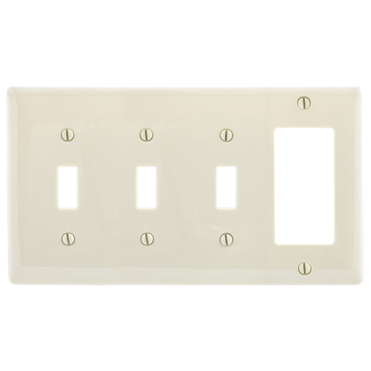 Hubbell NP326LA Wallplates and Box Covers, Wallplate, Nylon, 4-Gang, 3) Toggle 1) Decorator, Light Almond  ; Reinforcement ribs for extra strength ; High-impact, self-extinguishing nylon material ; Captive screw feature holds mounting screw in place ; Standard Size is 1/ Hubbell NP326LA Wallplates and Box Covers, Wallplate, Nylon, 4-Gang, 3) Toggle 1) Decorator, Light Almond  ; Reinforcement ribs for extra strength ; High-impact, self-extinguishing nylon material ; Captive screw feature holds mounting screw in place ; Standard Size is 1/