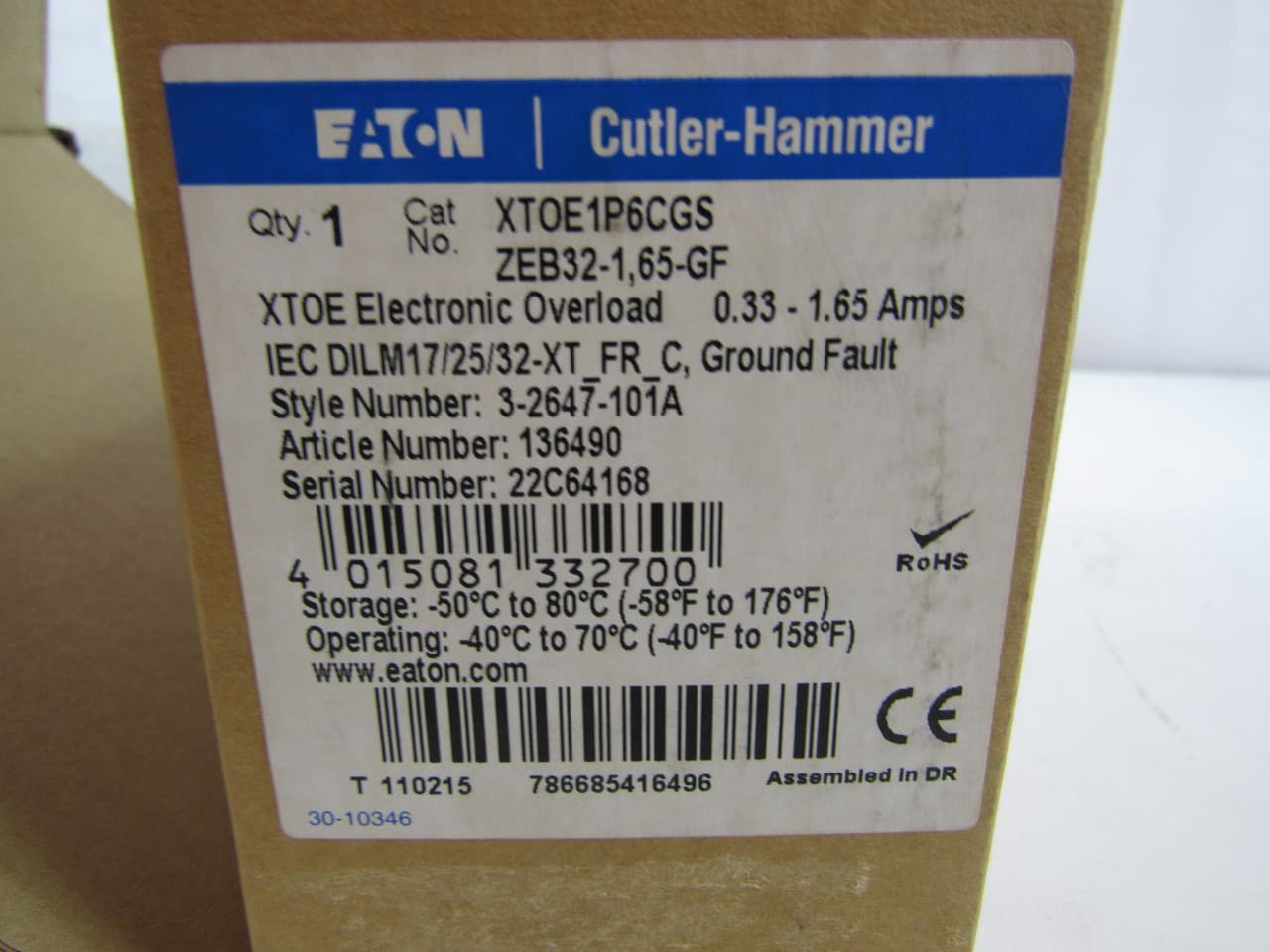 Eaton XTOE1P6CGS XTOE1P6CGS Eaton - Eaton C440 electronic overload relay, XT IEC Electronic Overload Relay, 0.33-1.65A overload range, 45 mm Frame size, NO-NC contact configuration, Direct to contactor mounting, Ground fault w/ selectable class 10, 20 trip Eaton XTOE1P6CGS XTOE1P6CGS Eaton - Eaton C440 electronic overload relay, XT IEC Electronic Overload Relay, 0.33-1.65A overload range, 45 mm Frame size, NO-NC contact configuration, Direct to contactor mounting, Ground fault w/ selectable class 10, 20 trip