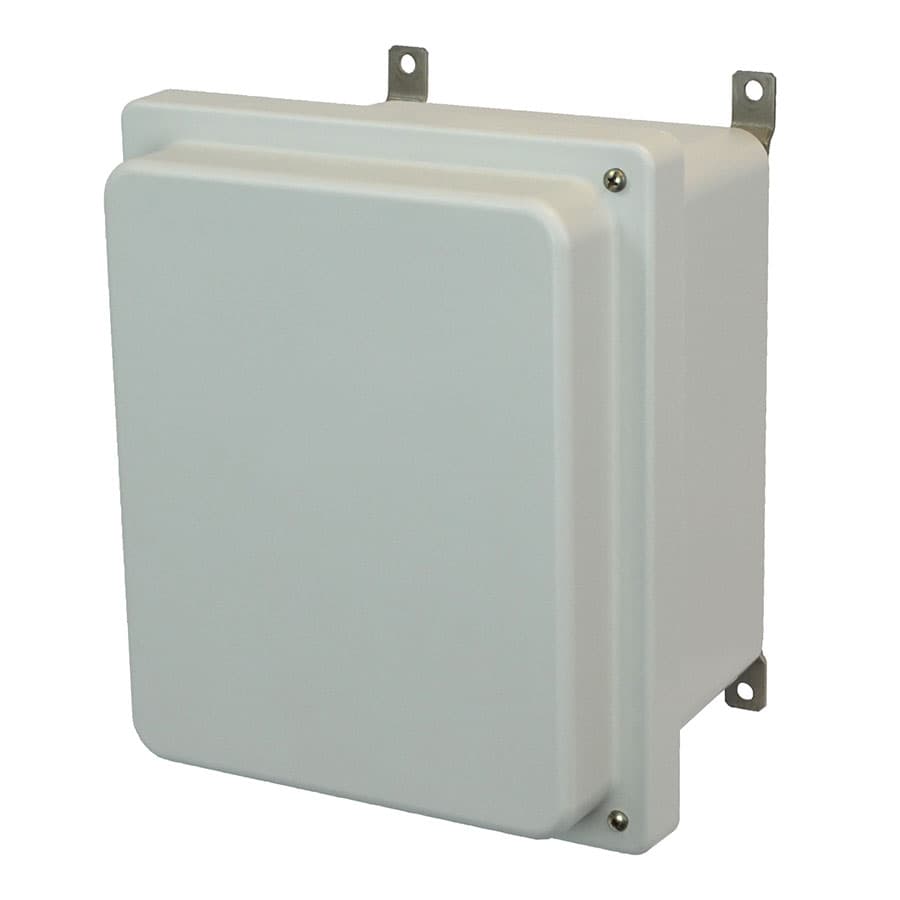 Allied Moulded Products AM864RH 8"x6"x4" AM Series fiberglass wall mount enclosure assembly with raised 2-screw hinged cover Allied Moulded Products AM864RH 8"x6"x4" AM Series fiberglass wall mount enclosure assembly with raised 2-screw hinged cover