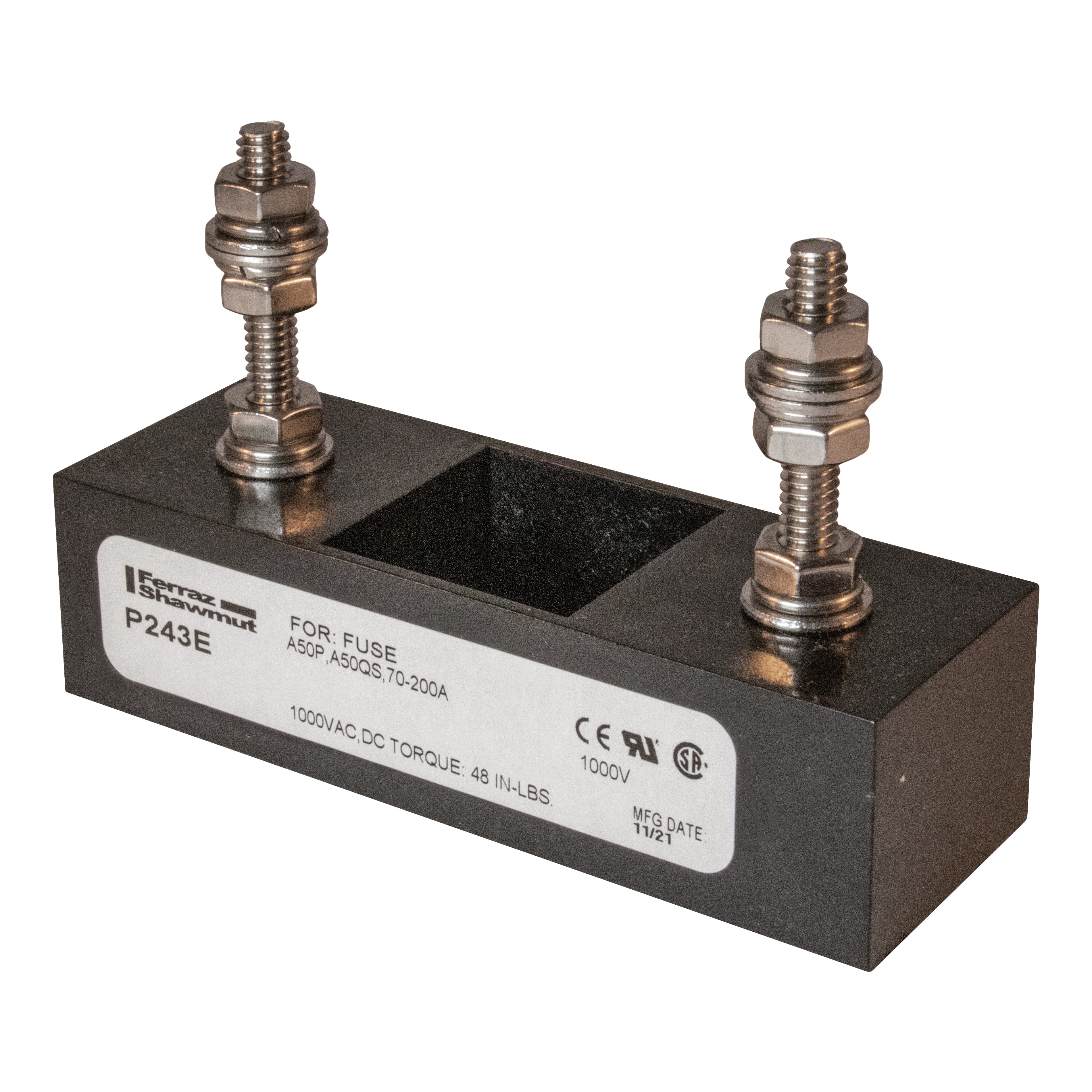 Mersen P243E P243E Mersen - Fuse Block 1000VAC 1000VDC 200A 1-Pole Stud center to center: 2.88 inch Mersen P243E P243E Mersen - Fuse Block 1000VAC 1000VDC 200A 1-Pole Stud center to center: 2.88 inch