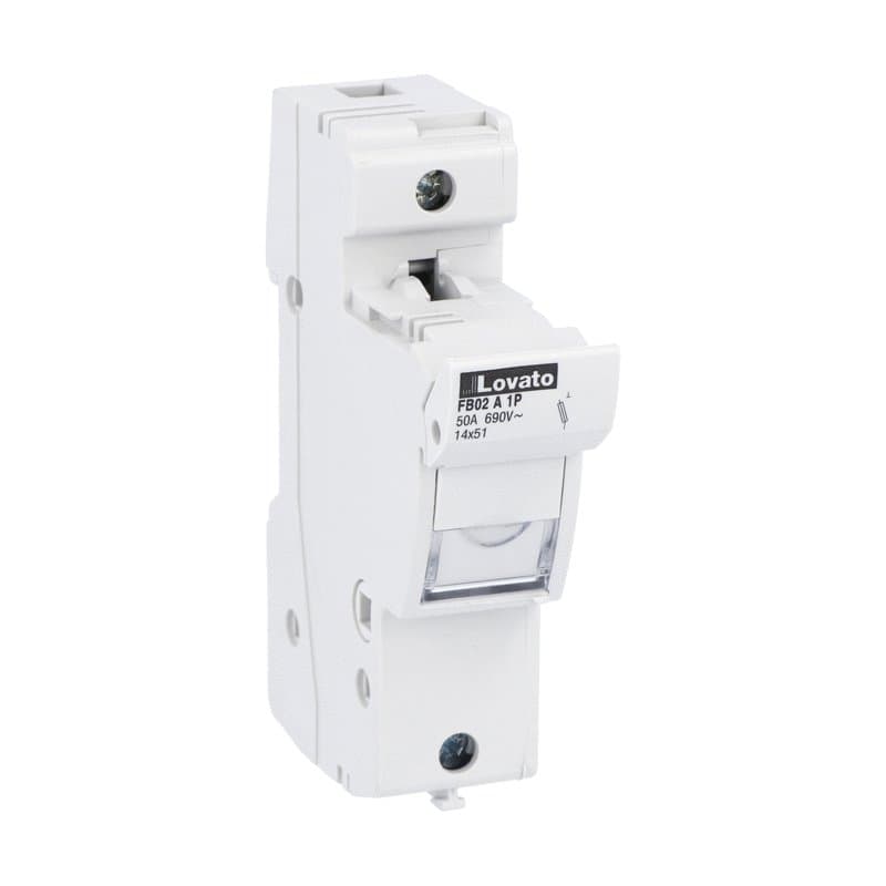 Lovato Electric FB02A1P FB02A1P Lovato - Fuse holder UL recognized and CSA certified, for 14X51mm fuses. 50A rated current at 690VAC, 1P. Without status indicator. 1 module Lovato Electric FB02A1P FB02A1P Lovato - Fuse holder UL recognized and CSA certified, for 14X51mm fuses. 50A rated current at 690VAC, 1P. Without status indicator. 1 module
