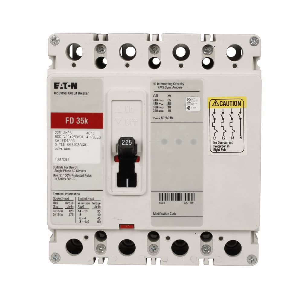 Eaton FD4200VL FD4200VL Eaton - Eaton Series C complete molded case circuit breaker, F-frame, FD, Complete breaker, Fixed thermal, fixed magnetic trip type, Four-pole, 200A, 600 Vac, 250 Vdc, 65 kAIC at 240 Vac, 35 kAIC at 480 Vac, Line and load, 50°C, 50/60 Hz Eaton FD4200VL FD4200VL Eaton - Eaton Series C complete molded case circuit breaker, F-frame, FD, Complete breaker, Fixed thermal, fixed magnetic trip type, Four-pole, 200A, 600 Vac, 250 Vdc, 65 kAIC at 240 Vac, 35 kAIC at 480 Vac, Line and load, 50°C, 50/60 Hz