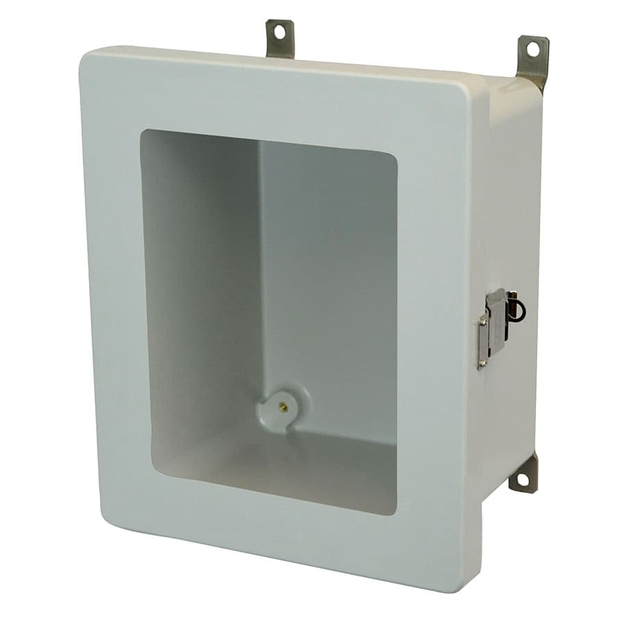 Allied Moulded Products AM864LW 8"x6"x4" AM Series fiberglass wall mount enclosure assembly with hinged window cover and stainless steel snap latch Allied Moulded Products AM864LW 8"x6"x4" AM Series fiberglass wall mount enclosure assembly with hinged window cover and stainless steel snap latch