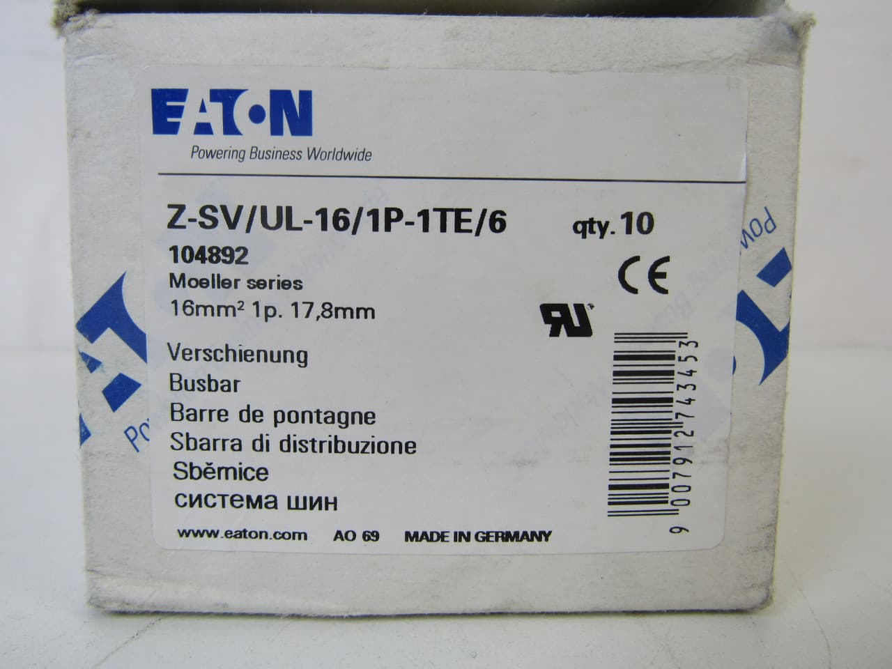Eaton Z-SV/UL-16/1P-1TE/6 105 MM L, 16 Sq MM Cross Section, 690 V, 80 A, 1-Phase, 1-Pole, 6-Terminal, Pin Connection, Insulated Eaton Z-SV/UL-16/1P-1TE/6 105 MM L, 16 Sq MM Cross Section, 690 V, 80 A, 1-Phase, 1-Pole, 6-Terminal, Pin Connection, Insulated