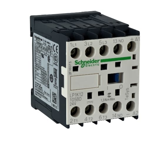 Schneider Electric LP4K09015BW3 Schneider Electric LP4K09015BW3 is a magnetic contactor within the K sub-range, featuring solder pins connections and a 3-pole (3P; 3NO) configuration. It has a rated current of 20A under AC-1 conditions and 9A at 440Vac under AC-3 conditions. This contactor is designed with an IP20 degree of protection and operates with a control voltage (DC) range of 16.8-31.2Vdc, nominally at 24Vdc (0.7...1.3 x Uc). The rated operating voltage (Ue) is up to 690 V, and it does not have Normally Open (NO) auxiliary contacts but includes 1 Normally Closed (NC) auxiliary contact. The rated active power varies with voltage, offering 2.2kW at 220-230Vac, and 4kW across 380-415Vac, 440Vac, 500Vac, and 660-690Vac, all under AC-3 conditions. Its mechanical durability is rated at 30 million operations at no load, with a power consumption of 1.8 W and a phase-to-phase rated voltage (AC) of 690 V. Schneider Electric LP4K09015BW3 Schneider Electric LP4K09015BW3 is a magnetic contactor within the K sub-range, featuring solder pins connections and a 3-pole (3P; 3NO) configuration. It has a rated current of 20A under AC-1 conditions and 9A at 440Vac under AC-3 conditions. This contactor is designed with an IP20 degree of protection and operates with a control voltage (DC) range of 16.8-31.2Vdc, nominally at 24Vdc (0.7...1.3 x Uc). The rated operating voltage (Ue) is up to 690 V, and it does not have Normally Open (NO) auxiliary contacts but includes 1 Normally Closed (NC) auxiliary contact. The rated active power varies with voltage, offering 2.2kW at 220-230Vac, and 4kW across 380-415Vac, 440Vac, 500Vac, and 660-690Vac, all under AC-3 conditions. Its mechanical durability is rated at 30 million operations at no load, with a power consumption of 1.8 W and a phase-to-phase rated voltage (AC) of 690 V.