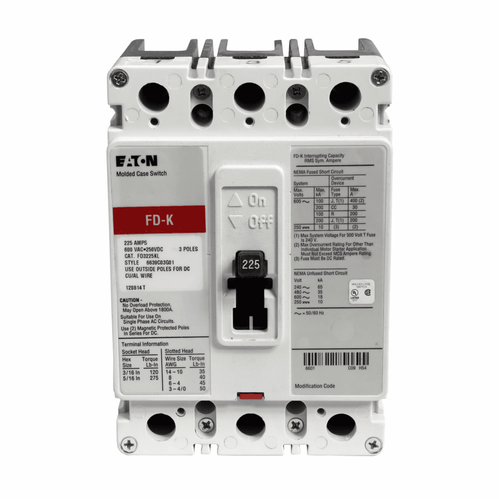 Eaton FD3225KW FD3225KW Eaton - Eaton Series C molded case switch, F-frame, FD, Molded case switch, Fixed thermal, fixed magnetic trip type, Three-pole, 225A, 600 Vac, 250 Vdc, 65 kAIC at 240 Vac, 35 kAIC at 480 Vac, Without terminals, 50/60 Hz Eaton FD3225KW FD3225KW Eaton - Eaton Series C molded case switch, F-frame, FD, Molded case switch, Fixed thermal, fixed magnetic trip type, Three-pole, 225A, 600 Vac, 250 Vdc, 65 kAIC at 240 Vac, 35 kAIC at 480 Vac, Without terminals, 50/60 Hz