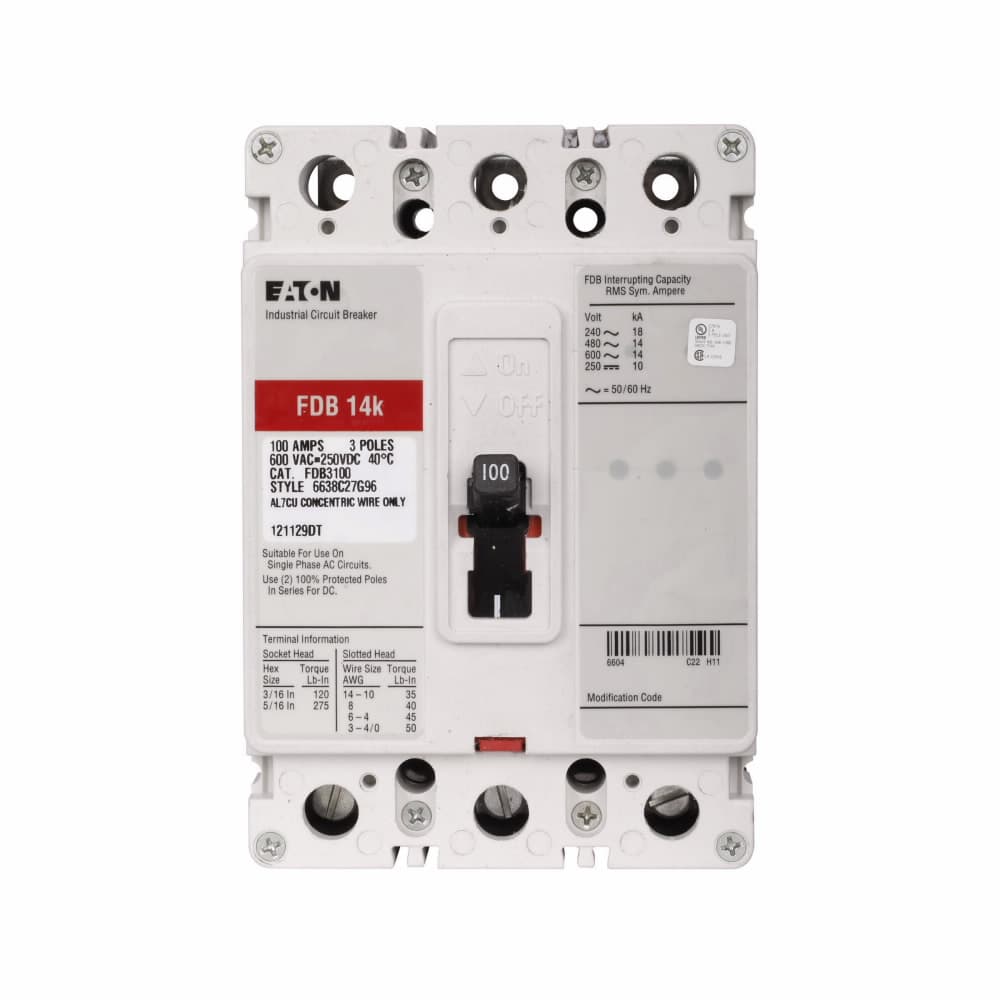 Eaton FDB3020 FDB3020 Eaton - Eaton Series C complete molded case circuit breaker, F-frame, FDB, Complete breaker, Fixed thermal, fixed magnetic trip type, Three-pole, 20A, 600 Vac, 250 Vdc, 18 kAIC at 240 Vac, 14 kAIC at 480 Vac, Load side, 50/60 Hz Eaton FDB3020 FDB3020 Eaton - Eaton Series C complete molded case circuit breaker, F-frame, FDB, Complete breaker, Fixed thermal, fixed magnetic trip type, Three-pole, 20A, 600 Vac, 250 Vdc, 18 kAIC at 240 Vac, 14 kAIC at 480 Vac, Load side, 50/60 Hz