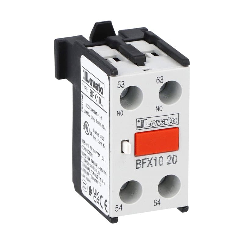 Lovato Electric BFX1020 BFX1020 Lovato - Auxiliary contact with front centre mounting. Screw terminals, for BF00, BF09...BF150 series contactors, 2NO Lovato Electric BFX1020 BFX1020 Lovato - Auxiliary contact with front centre mounting. Screw terminals, for BF00, BF09...BF150 series contactors, 2NO
