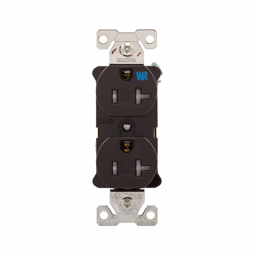 Eaton TWRBR20B TWRBR20B Eaton - Eaton commercial specification grade duplex receptacle,#14-10 AWG,20A,Commercial,Flush,125V,Back and side,Brown,Nickel-plated brass,Weather resistant,Impact-resistant nylon face,Glass-filled nylon base,5-20R,Duplex,Screw,Nylon,Core pack Eaton TWRBR20B TWRBR20B Eaton - Eaton commercial specification grade duplex receptacle,#14-10 AWG,20A,Commercial,Flush,125V,Back and side,Brown,Nickel-plated brass,Weather resistant,Impact-resistant nylon face,Glass-filled nylon base,5-20R,Duplex,Screw,Nylon,Core pack