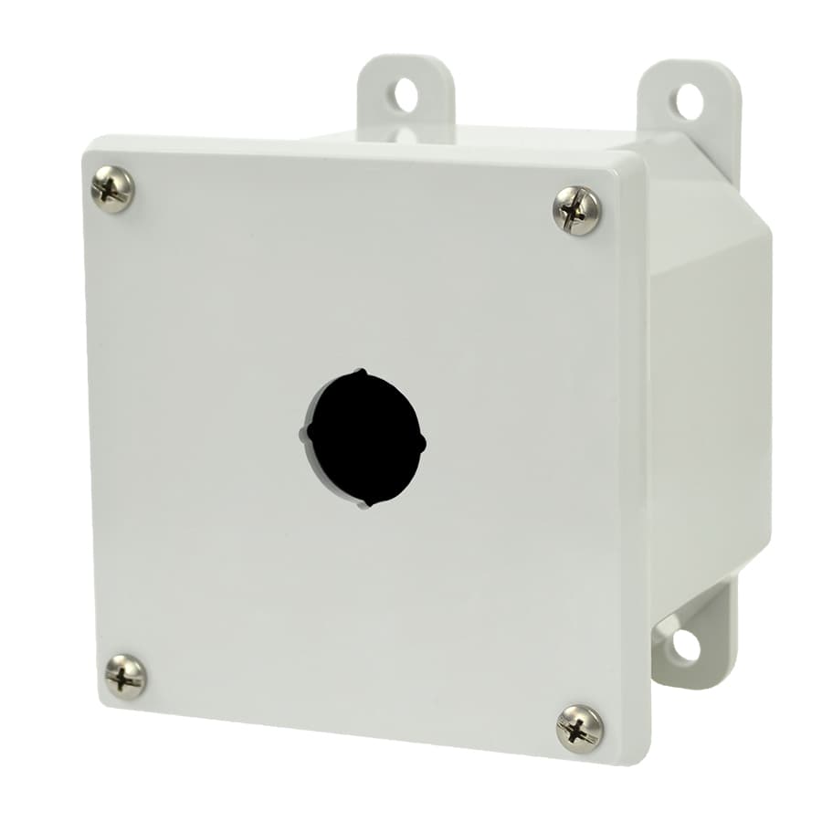 Allied Moulded Products AMP1PB22 4"x4"x3" POLYLINE® polycarbonate wall mount enclosure assembly with 4-screw lift-off cover and 1 (22.5mm) pushbutton hole Allied Moulded Products AMP1PB22 4"x4"x3" POLYLINE® polycarbonate wall mount enclosure assembly with 4-screw lift-off cover and 1 (22.5mm) pushbutton hole