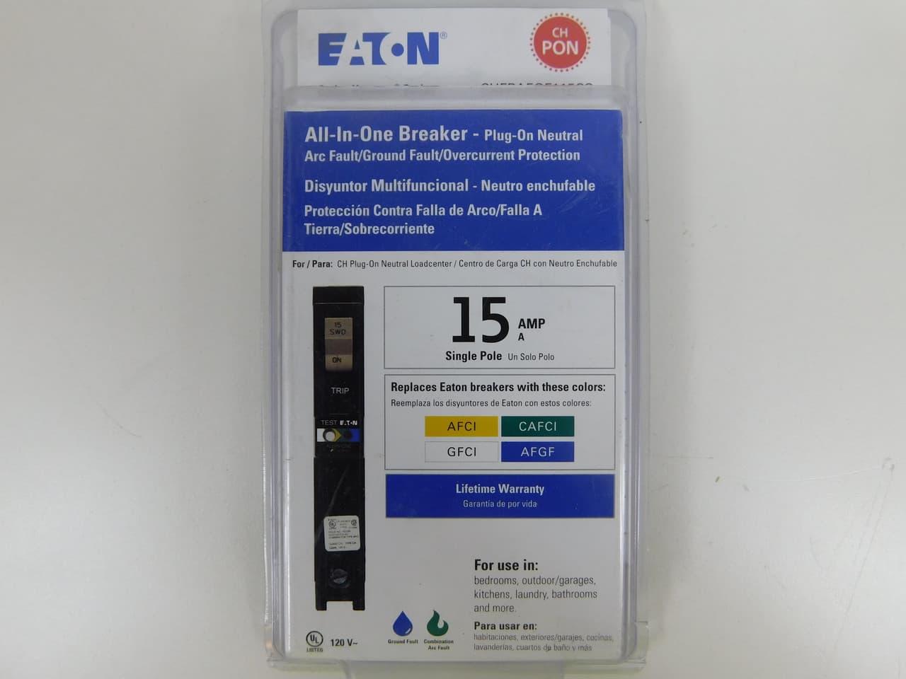 Eaton CHFPAFGF115CS CHFPAFGF115CS Eaton - Eaton CH arc fault / ground fault circuit breaker, All-In-One, 15A, 10 kAIC , Single-pole, 120V Eaton CHFPAFGF115CS CHFPAFGF115CS Eaton - Eaton CH arc fault / ground fault circuit breaker, All-In-One, 15A, 10 kAIC , Single-pole, 120V