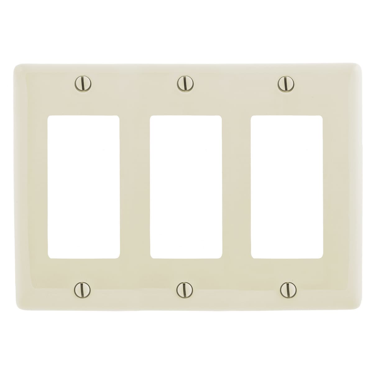 Hubbell NP263LA Wallplates and Box Covers, Wallplate, Nylon, 3-Gang, 3) Decorator, Light Almond  ; Reinforcement ribs for extra strength ; Captive screw feature holds mounting screw in place ; High-impact, self-extinguishing nylon material ; Standard Size is 1/8" larger  Hubbell NP263LA Wallplates and Box Covers, Wallplate, Nylon, 3-Gang, 3) Decorator, Light Almond  ; Reinforcement ribs for extra strength ; Captive screw feature holds mounting screw in place ; High-impact, self-extinguishing nylon material ; Standard Size is 1/8" larger