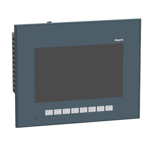 Schneider Electric HMIGTO3510FCW Schneider Electric HMIGTO3510FCW is a coated operator dialogue touchscreen HMI/Programmable Terminal (PT) featuring 8 function keys and the capability to manage 32 groups of 64 recipes, totaling up to 1024 ingredients. It supports recipe curves, a log alarm log, and includes a built-in real-time clock. For connectivity, it offers a USB mini-B port, a USB type A port, two RJ45 ports, and a 9-pin D-Sub connector. It communicates via Modbus, Modbus TCP/IP, Uni-TE, RS-232C, RS-485, and Ethernet TCP/IP protocols. The device operates on a 24Vdc supply voltage and is designed for flush mounting. It operates within an ambient air temperature range of 0 to +50°C and offers a degree of protection rated at IP65, IP67, and NEMA 4X. The HMIGTO3510FCW has a connection capacity for a 4GB SD card, a memory capacity of 96MB for applications, and a pixel count of 800x480 on a 7" WVGA TFT 65K color display with LED backlight. It is designed to withstand ambient air temperatures for storage between -20 and +60°C. The operating system is Magelis, and the electrical durability of the backlight is rated at 50,000 hours. Schneider Electric HMIGTO3510FCW Schneider Electric HMIGTO3510FCW is a coated operator dialogue touchscreen HMI/Programmable Terminal (PT) featuring 8 function keys and the capability to manage 32 groups of 64 recipes, totaling up to 1024 ingredients. It supports recipe curves, a log alarm log, and includes a built-in real-time clock. For connectivity, it offers a USB mini-B port, a USB type A port, two RJ45 ports, and a 9-pin D-Sub connector. It communicates via Modbus, Modbus TCP/IP, Uni-TE, RS-232C, RS-485, and Ethernet TCP/IP protocols. The device operates on a 24Vdc supply voltage and is designed for flush mounting. It operates within an ambient air temperature range of 0 to +50°C and offers a degree of protection rated at IP65, IP67, and NEMA 4X. The HMIGTO3510FCW has a connection capacity for a 4GB SD card, a memory capacity of 96MB for applications, and a pixel count of 800x480 on a 7" WVGA TFT 65K color display with LED backlight. It is designed to withstand ambient air temperatures for storage between -20 and +60°C. The operating system is Magelis, and the electrical durability of the backlight is rated at 50,000 hours.