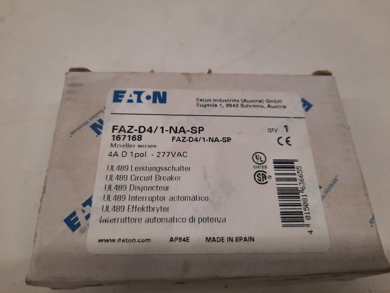 Eaton FAZ-D4/1-NA-SP Eaton FAZ branch protector,UL 489 Industrial miniature circuit breaker - supplementary protector,Single package,High levels of inrush current are expected,4 A,10 kAIC,Single-pole,277 V,10-20X /n,Q38,50-60 Hz,Screw terminals,D Curve Eaton FAZ-D4/1-NA-SP Eaton FAZ branch protector,UL 489 Industrial miniature circuit breaker - supplementary protector,Single package,High levels of inrush current are expected,4 A,10 kAIC,Single-pole,277 V,10-20X /n,Q38,50-60 Hz,Screw terminals,D Curve