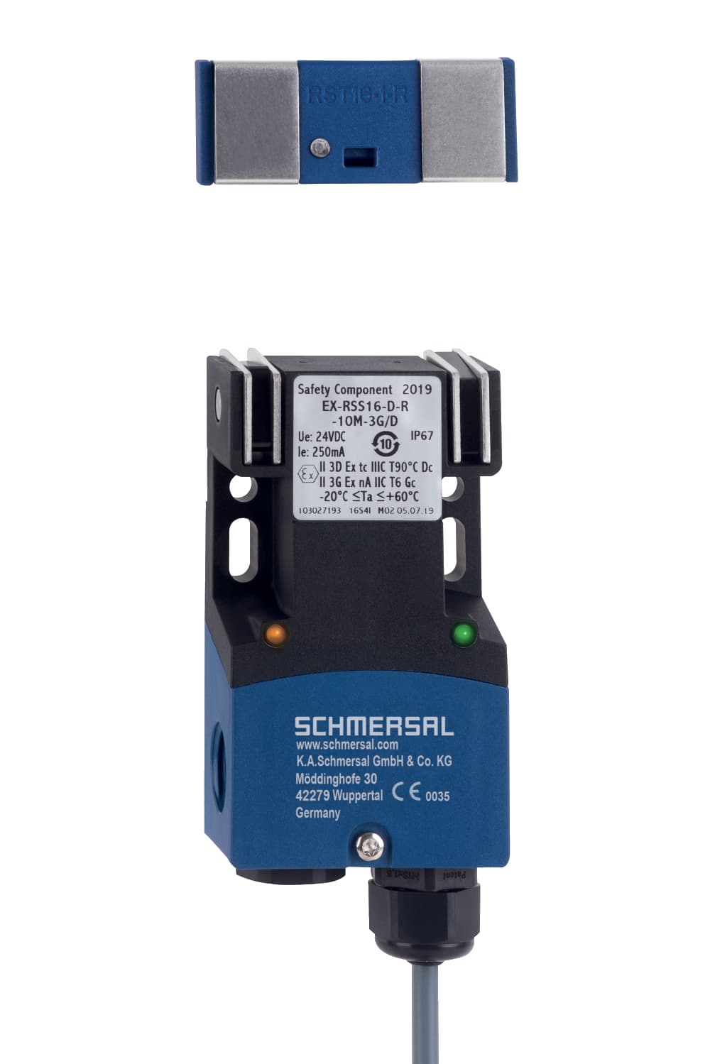 Schmersal EX-RSS16-D-R-10M-3G/D Safety sensors; Door stop with magnetic latching; Explosion protection for ATEX Zones 2 and 22; Thermoplastic enclosure; RFID-technology for needs-based protection against tampering; 3 different directions of actuation Schmersal EX-RSS16-D-R-10M-3G/D Safety sensors; Door stop with magnetic latching; Explosion protection for ATEX Zones 2 and 22; Thermoplastic enclosure; RFID-technology for needs-based protection against tampering; 3 different directions of actuation