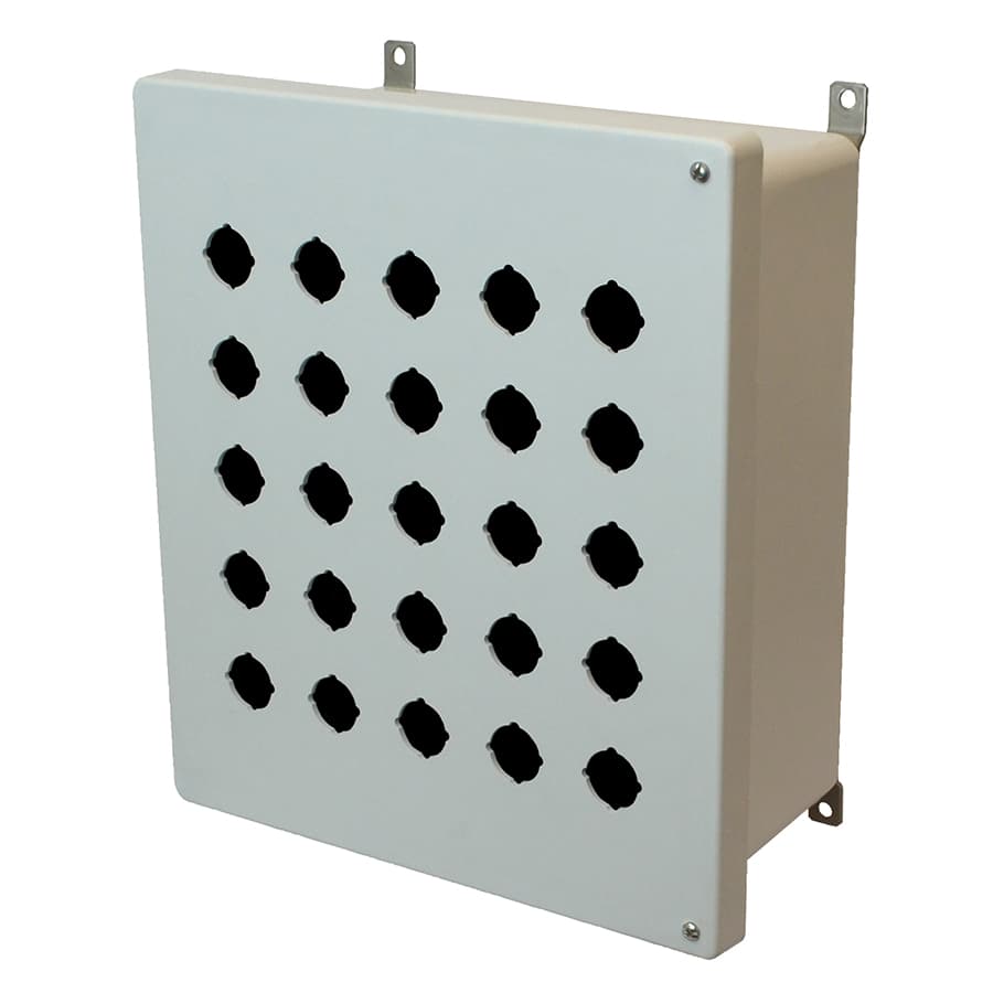 Allied Moulded Products AM1426HP25 14"x12"x6" AM Series fiberglass wall mount enclosure assembly with 2-screw hinged cover and 25 pushbutton holes Allied Moulded Products AM1426HP25 14"x12"x6" AM Series fiberglass wall mount enclosure assembly with 2-screw hinged cover and 25 pushbutton holes