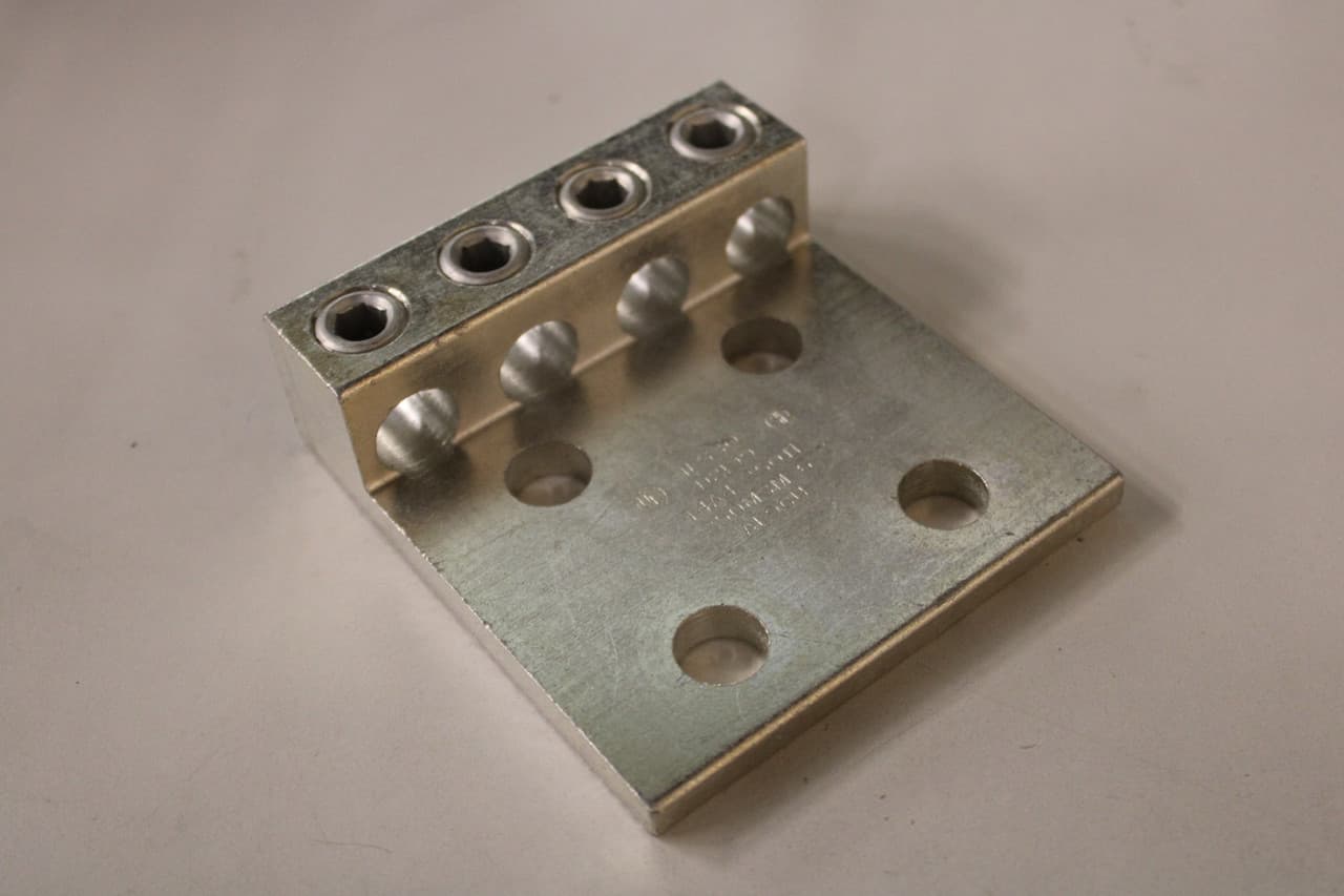 Ilsco T4A4-250N 6 AWG to 250 KCMIL, 1/2" Stud, 4" L, 4-Hole, 4-Conductor, Electro Tin Plated Aluminum Alloy, Chamfered Wire Entry, Mechanical Lug Ilsco T4A4-250N 6 AWG to 250 KCMIL, 1/2" Stud, 4" L, 4-Hole, 4-Conductor, Electro Tin Plated Aluminum Alloy, Chamfered Wire Entry, Mechanical Lug