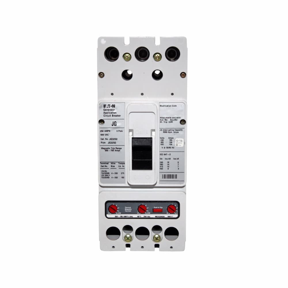 Eaton JG3175S41 JG3175S41 Eaton - Eaton Series C complete molded case circuit breaker, J-frame, Thermal-magnetic trip, Three-pole, 175A, 600 Vac, 14 kAIC at 480 Vac, Line/load, Engine generator, 12-24 Vac/dc same side w/ left pigtail, Reverse feed, 60 Hz Eaton JG3175S41 JG3175S41 Eaton - Eaton Series C complete molded case circuit breaker, J-frame, Thermal-magnetic trip, Three-pole, 175A, 600 Vac, 14 kAIC at 480 Vac, Line/load, Engine generator, 12-24 Vac/dc same side w/ left pigtail, Reverse feed, 60 Hz