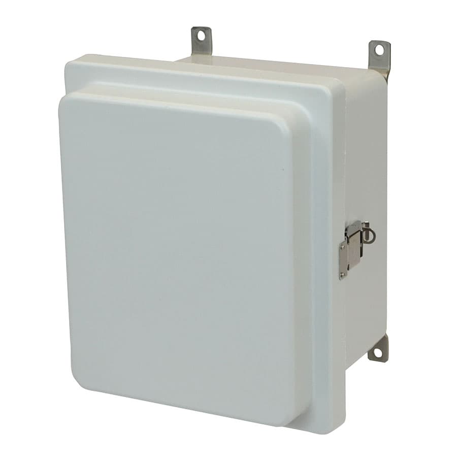 Allied Moulded Products AM1084RL 10"x8"x4" AM-R Series fiberglass wall mount enclosure assembly with raised hinged cover and stainless-steel snap latch Allied Moulded Products AM1084RL 10"x8"x4" AM-R Series fiberglass wall mount enclosure assembly with raised hinged cover and stainless-steel snap latch