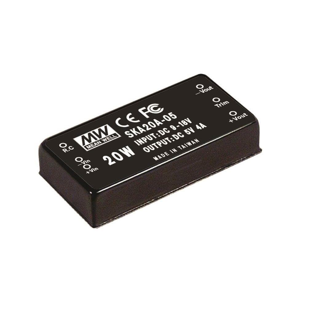 MEAN WELL SKA20A-15 DC-DC Converter PCB mount; Input 9-18Vdc; Output 15Vdc at 1.333A; DIP Through hole package; Built-in EMI filter; 2" x 1" compact size MEAN WELL SKA20A-15 DC-DC Converter PCB mount; Input 9-18Vdc; Output 15Vdc at 1.333A; DIP Through hole package; Built-in EMI filter; 2" x 1" compact size
