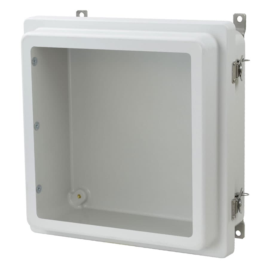 Allied Moulded Products AM1224RTW 12"x12"x4" AM-R Series fiberglass wall mount enclosure assembly with raised hinged window cover and stainless-steel twist latch Allied Moulded Products AM1224RTW 12"x12"x4" AM-R Series fiberglass wall mount enclosure assembly with raised hinged window cover and stainless-steel twist latch