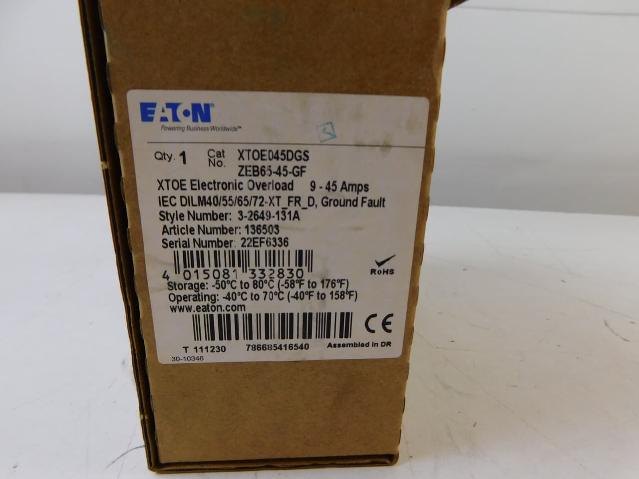 Eaton XTOE045DGS XTOE045DGS Eaton - Eaton C440 electronic overload relay, XT IEC Electronic Overload Relay, 9-45A overload range, 55 mm Frame size, NO-NC contact configuration, Direct to contactor mounting, Ground fault w/ selectable class 10, 20 trip type Eaton XTOE045DGS XTOE045DGS Eaton - Eaton C440 electronic overload relay, XT IEC Electronic Overload Relay, 9-45A overload range, 55 mm Frame size, NO-NC contact configuration, Direct to contactor mounting, Ground fault w/ selectable class 10, 20 trip type