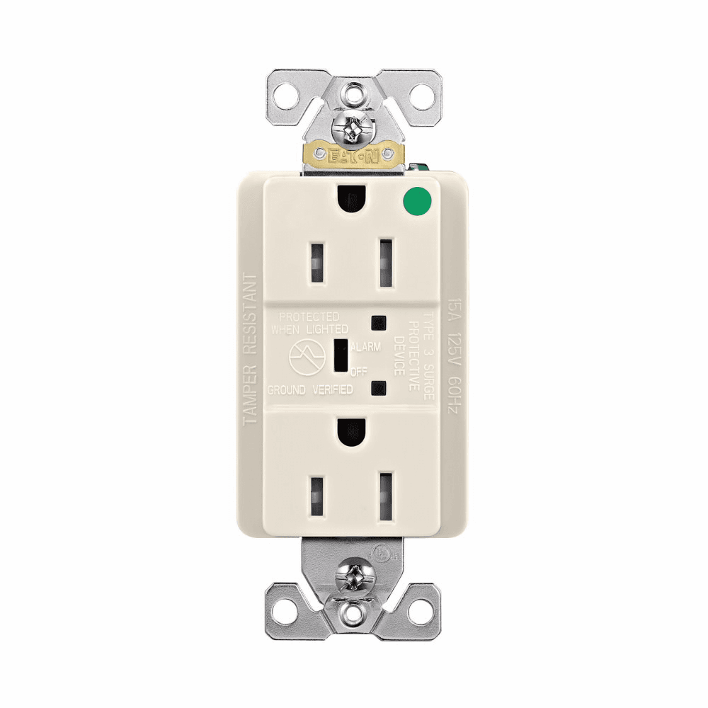 Eaton TR8262LAS TR8262LAS Eaton - Eaton TVSS receptacle, HG, LED indicat and alarm, #14 - #10 AWG, 15A, Comm specif, Wall/flush mnt, Bk and sd wire, 840J, 2 recept, -40° to 60°C, Light almond, Brs, Strght blade, Hi-impct resist thermpls/nylon, 5-15R, Dplx 756450 756450 Eaton TR8262LAS TR8262LAS Eaton - Eaton TVSS receptacle, HG, LED indicat and alarm, #14 - #10 AWG, 15A, Comm specif, Wall/flush mnt, Bk and sd wire, 840J, 2 recept, -40° to 60°C, Light almond, Brs, Strght blade, Hi-impct resist thermpls/nylon, 5-15R, Dplx 756450 756450