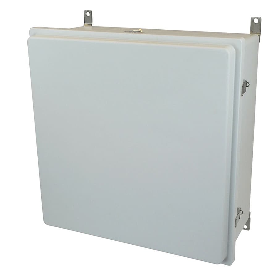 Allied Moulded Products AM24240RL 24"x24"x10" Control Series fiberglass wall mount enclosure assembly with raised hinged cover and stainless-steel snap latches Allied Moulded Products AM24240RL 24"x24"x10" Control Series fiberglass wall mount enclosure assembly with raised hinged cover and stainless-steel snap latches