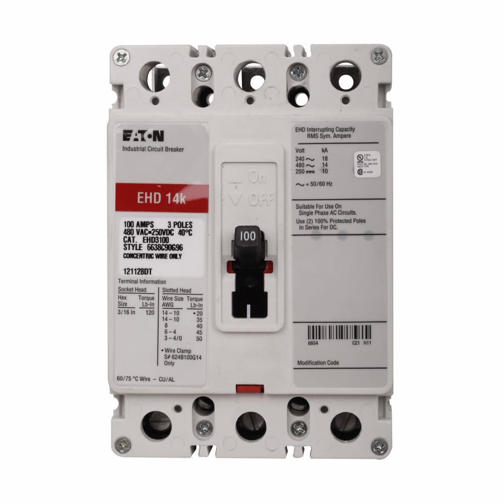 Eaton EHD3090LA02 Eaton Series C complete molded case circuit breaker, F-frame, EHD, Fixed thermal, fixed magnetic trip, Three-pole, 90A, 18 kAIC at 240 Vac, 14 kAIC at 480 Vac, Line and load, 1A-1B rear with left pigtail, 50/60 Hz Eaton EHD3090LA02 Eaton Series C complete molded case circuit breaker, F-frame, EHD, Fixed thermal, fixed magnetic trip, Three-pole, 90A, 18 kAIC at 240 Vac, 14 kAIC at 480 Vac, Line and load, 1A-1B rear with left pigtail, 50/60 Hz