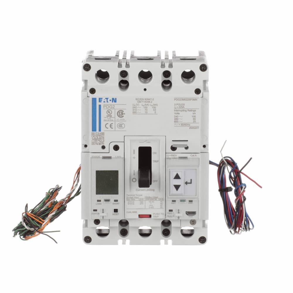 Eaton PDG23K0225P3WN Eaton Power Defense molded case circuit breaker, Globally Rated, Frame 2, Three Pole, 225A, 50kA/480V, PXR25 LSIG w/ Modbus RTU, ZSI and Relays, No Terminals Eaton PDG23K0225P3WN Eaton Power Defense molded case circuit breaker, Globally Rated, Frame 2, Three Pole, 225A, 50kA/480V, PXR25 LSIG w/ Modbus RTU, ZSI and Relays, No Terminals