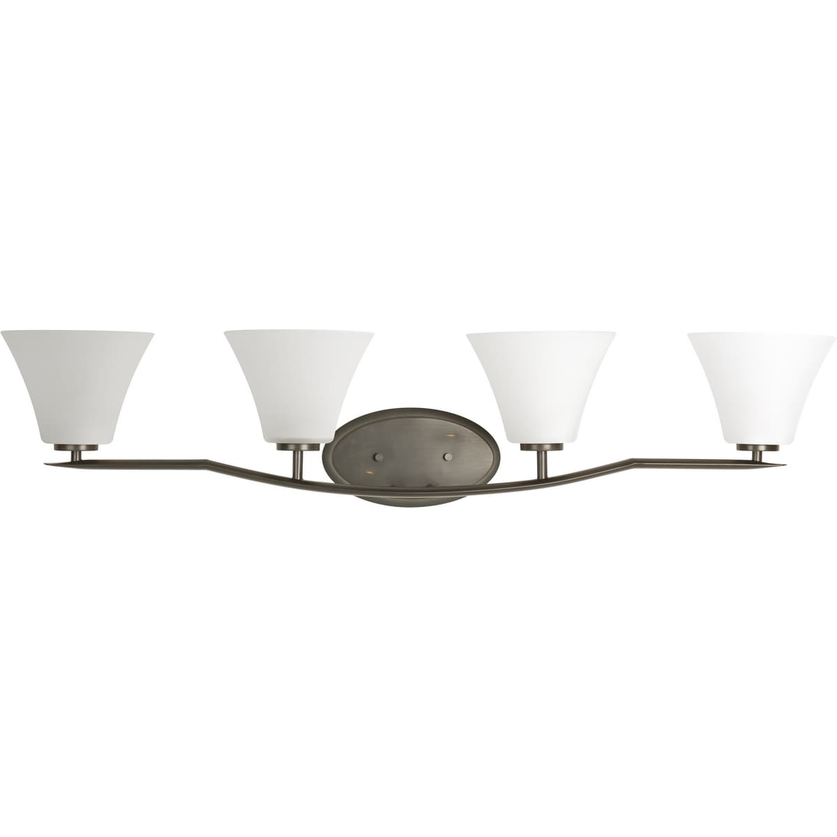 Hubbell P2007-20W Four-light bath finished in Antique Bronze with etched glass shades scaled across a slightly arching, pointed arm. Generously balanced glass shades add distinction and provide pleasing illumination to your room. Coordinating fixtures from this collection Hubbell P2007-20W Four-light bath finished in Antique Bronze with etched glass shades scaled across a slightly arching, pointed arm. Generously balanced glass shades add distinction and provide pleasing illumination to your room. Coordinating fixtures from this collection