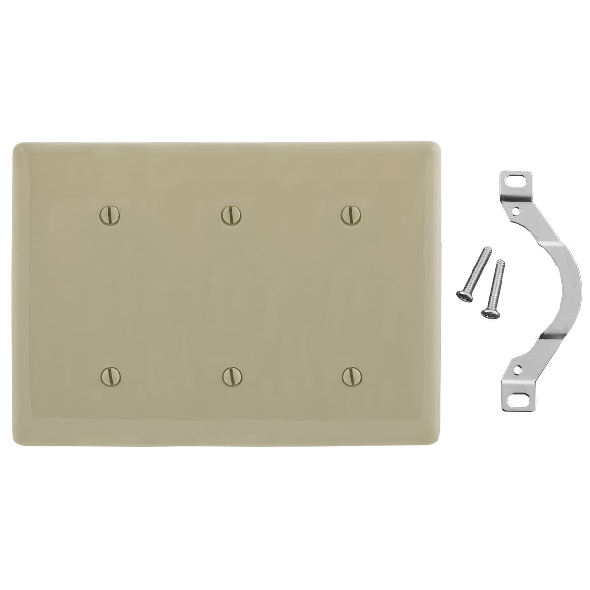 Hubbell NP34I Wallplates and Box Covers, Wallplate, Nylon, 3-Gang, 3) Blank, Strap Mount, Ivory  ; Reinforcement ribs for extra strength ; High-impact, self-extinguishing nylon material ; Captive screw feature holds mounting screw in place ; Standard Size is 1/8" large Hubbell NP34I Wallplates and Box Covers, Wallplate, Nylon, 3-Gang, 3) Blank, Strap Mount, Ivory  ; Reinforcement ribs for extra strength ; High-impact, self-extinguishing nylon material ; Captive screw feature holds mounting screw in place ; Standard Size is 1/8" large