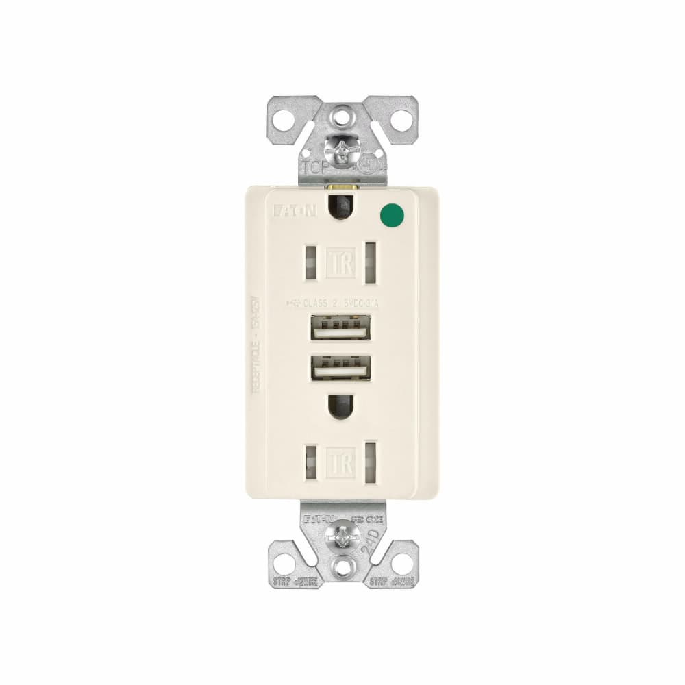 Eaton TR8255LA TR8255LA Eaton - Eaton combination USB charger with duplex receptacle, Tamper resistant, 15A, Flush mount, 125 Vac, 5 Vdc, Wire leads, Light almond, Brass, 5-15R, Two-pole, three-wire, grounding, Decorator, Thermoplastic Eaton TR8255LA TR8255LA Eaton - Eaton combination USB charger with duplex receptacle, Tamper resistant, 15A, Flush mount, 125 Vac, 5 Vdc, Wire leads, Light almond, Brass, 5-15R, Two-pole, three-wire, grounding, Decorator, Thermoplastic