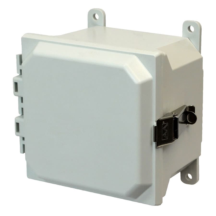 Allied Moulded Products AMU664L 6"x6"x4" ULTRALINE® fiberglass wall mount enclosure assembly with hinged cover and stainless-steel snap latch Allied Moulded Products AMU664L 6"x6"x4" ULTRALINE® fiberglass wall mount enclosure assembly with hinged cover and stainless-steel snap latch