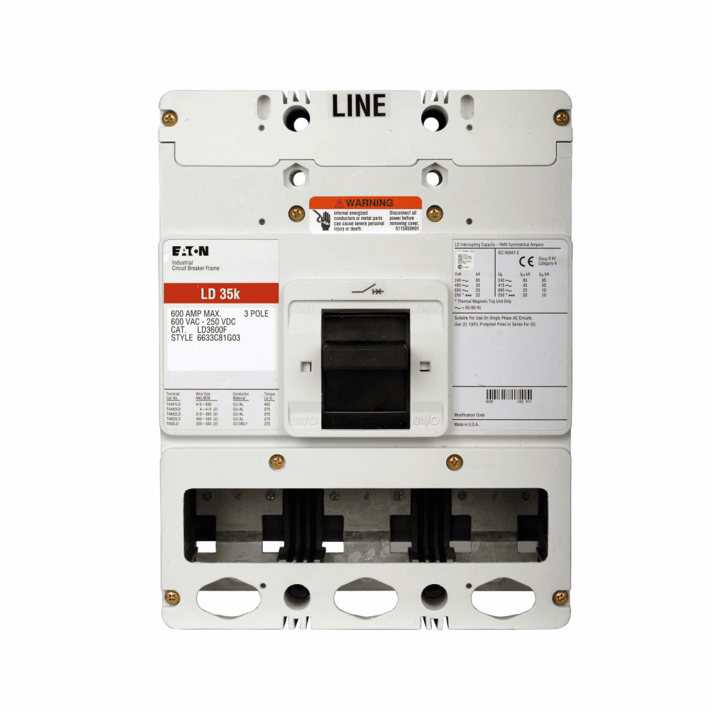 Eaton LDB3600FT35W LDB3600FT35W Eaton - Eaton Series C electronic molded case circuit breaker, L-Frame, 35 kAIC, LDB, Frame only, Digitrip 310 RMS, Electronic LSG trip type, Three-pole, 600A, Without terminals, 50/60 Hz Eaton LDB3600FT35W LDB3600FT35W Eaton - Eaton Series C electronic molded case circuit breaker, L-Frame, 35 kAIC, LDB, Frame only, Digitrip 310 RMS, Electronic LSG trip type, Three-pole, 600A, Without terminals, 50/60 Hz