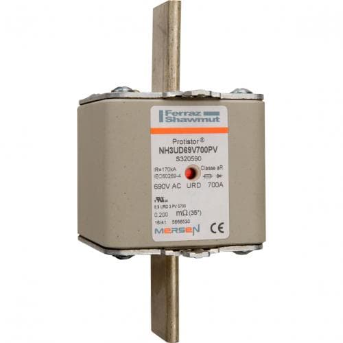 Mersen S320590 S320590 Mersen - Square Body High-Speed Fuse Protistor® NH Size 3 aR 690VAC IEC 700VAC UL 700A With Double indicator Plain Blades Mersen S320590 S320590 Mersen - Square Body High-Speed Fuse Protistor® NH Size 3 aR 690VAC IEC 700VAC UL 700A With Double indicator Plain Blades