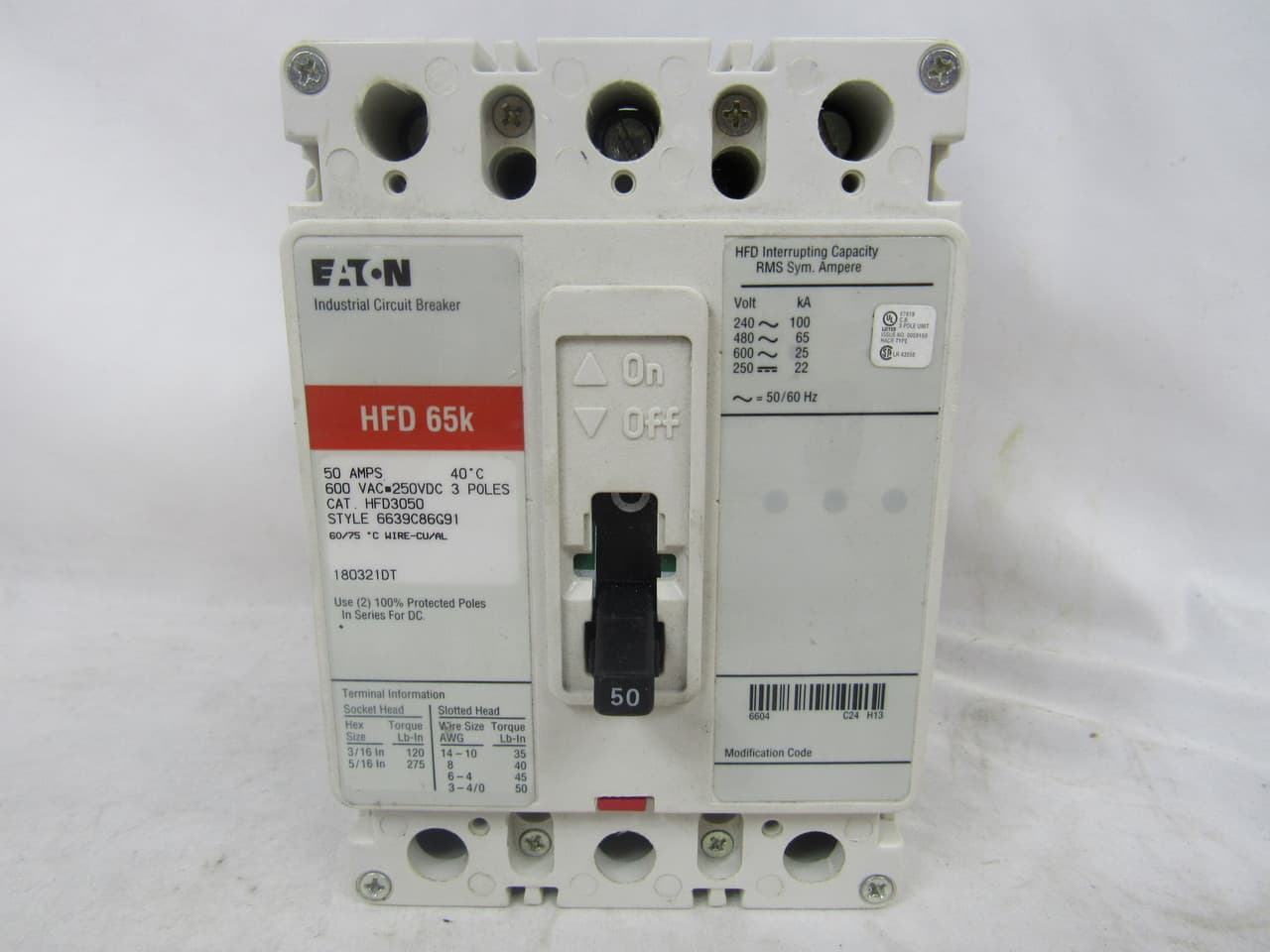 Eaton HFD3050 HFD3050 Eaton - Eaton Series C complete molded case circuit breaker, F-frame, HFD, Complete breaker, Fixed thermal, Fixed magnetic trip type, Three-pole, 50 A, 600 Vac, 250 Vdc, Load side, 50/60 Hz Eaton HFD3050 HFD3050 Eaton - Eaton Series C complete molded case circuit breaker, F-frame, HFD, Complete breaker, Fixed thermal, Fixed magnetic trip type, Three-pole, 50 A, 600 Vac, 250 Vdc, Load side, 50/60 Hz