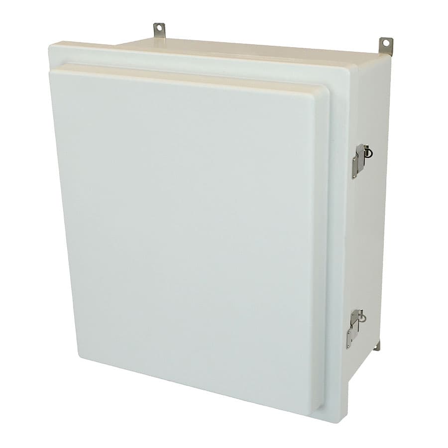 Allied Moulded Products AM1868RL 18"x16"x8" AM-R Series fiberglass wall mount enclosure assembly with raised hinged cover and stainless-steel snap latch Allied Moulded Products AM1868RL 18"x16"x8" AM-R Series fiberglass wall mount enclosure assembly with raised hinged cover and stainless-steel snap latch
