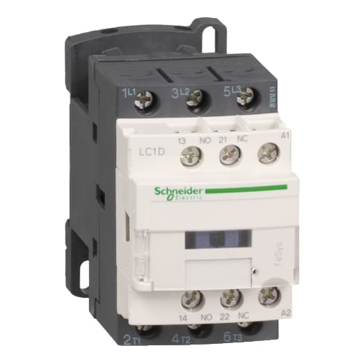 Schneider Electric LC1D18G7 Schneider Electric LC1D18G7 is a magnetic contactor from the Deca sub-range, featuring screw connections and designed with 3 poles (3P; 3NO). It has a rated current of 32A (AC-1) and 18A (440Vac; AC-3), with a mounting mode suitable for DIN rail installation. The net width of the contactor is 45 mm, and it offers a degree of protection rated at IP20. The control voltage (AC) ranges from 96-132Vac (120Vac nominal; 50Hz; 0.8...1.1 x Uc) to 102-132Vac (120Vac nominal; 60Hz; 0.85...1.1 x Uc), with a rated operating voltage (Ue) of 690 V. It includes 1 Normally Open (NO) auxiliary contact and 1 Normally Closed (NC) auxiliary contact, both of the instantaneous type (1NO+1NC). The rated impulse voltage (Uimp) is 6 kV. Its rated active power spans from 4kW (220-230Vac; AC-3) to 10kW (660-690Vac; AC-3), and the rated power (HP) ranges from 1HP (115Vac; single-phase; 50Hz/60Hz; UL/CSA) to 15HP (575-600Vac; 3-phase; 50Hz/60Hz; UL/CSA). The mechanical durability of the LC1D18G7 is rated at 15,000,000 operations, with an electrical durability (with load) of 1,600,000 operations. The rated voltage (AC) for phase-to-phase connections is 690 V. Schneider Electric LC1D18G7 Schneider Electric LC1D18G7 is a magnetic contactor from the Deca sub-range, featuring screw connections and designed with 3 poles (3P; 3NO). It has a rated current of 32A (AC-1) and 18A (440Vac; AC-3), with a mounting mode suitable for DIN rail installation. The net width of the contactor is 45 mm, and it offers a degree of protection rated at IP20. The control voltage (AC) ranges from 96-132Vac (120Vac nominal; 50Hz; 0.8...1.1 x Uc) to 102-132Vac (120Vac nominal; 60Hz; 0.85...1.1 x Uc), with a rated operating voltage (Ue) of 690 V. It includes 1 Normally Open (NO) auxiliary contact and 1 Normally Closed (NC) auxiliary contact, both of the instantaneous type (1NO+1NC). The rated impulse voltage (Uimp) is 6 kV. Its rated active power spans from 4kW (220-230Vac; AC-3) to 10kW (660-690Vac; AC-3), and the rated power (HP) ranges from 1HP (115Vac; single-phase; 50Hz/60Hz; UL/CSA) to 15HP (575-600Vac; 3-phase; 50Hz/60Hz; UL/CSA). The mechanical durability of the LC1D18G7 is rated at 15,000,000 operations, with an electrical durability (with load) of 1,600,000 operations. The rated voltage (AC) for phase-to-phase connections is 690 V.