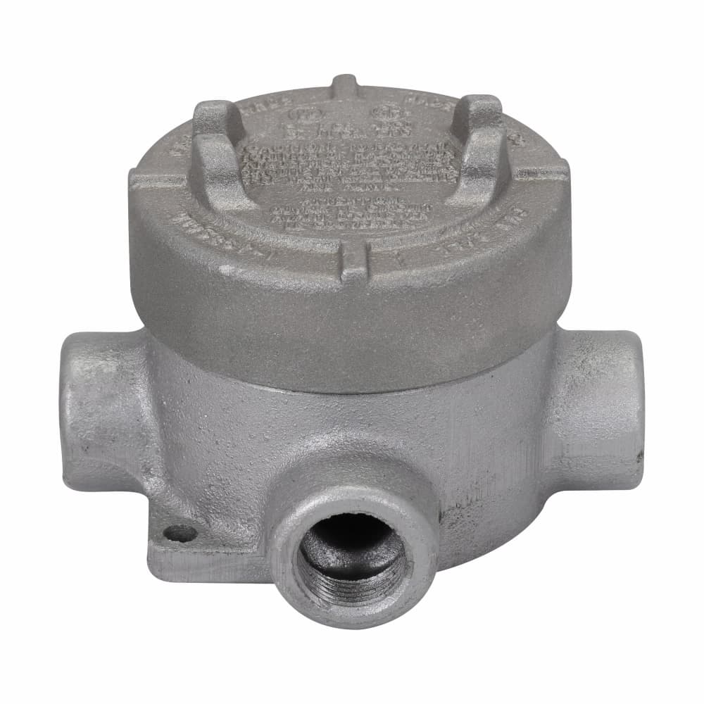 Eaton EAJT16 SA Eaton Crouse-Hinds series Condulet EAJ conduit outlet box with cover, 3-3/16" cover opening diameter, Copper-free aluminum, T shape, 1/2" Eaton EAJT16 SA Eaton Crouse-Hinds series Condulet EAJ conduit outlet box with cover, 3-3/16" cover opening diameter, Copper-free aluminum, T shape, 1/2"