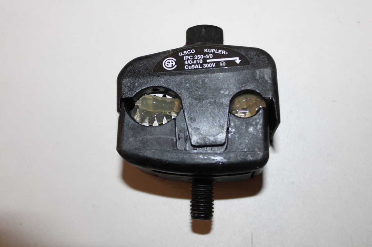 Ilsco IPC-350-4/0 300 V, 4/0 AWG to 350 KCMIL Main, 10 to 4/0 AWG Tap, Black, Copper/Aluminum, Splice, Tap, Insulation Piercing Connector Ilsco IPC-350-4/0 300 V, 4/0 AWG to 350 KCMIL Main, 10 to 4/0 AWG Tap, Black, Copper/Aluminum, Splice, Tap, Insulation Piercing Connector