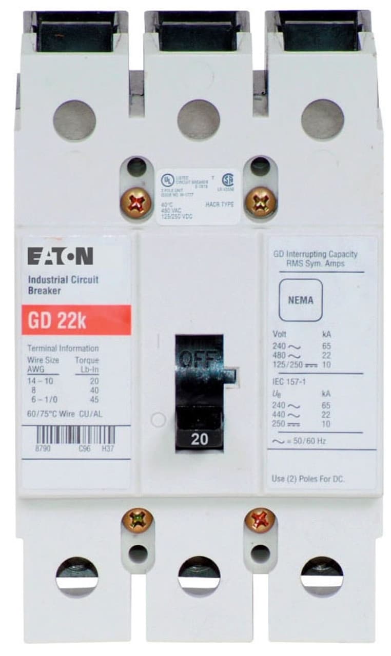Eaton GD3020 GD3020 Eaton - Eaton Series C complete molded case circuit breaker, G-frame, GD, Complete breaker, Fixed thermal, fixed magnetic trip type, Three-pole, 20A, 480 Vac, 125/250 Vdc, 65 kAIC at 240 Vac, 14 kAIC at 480 Vac, 50/60 Hz Eaton GD3020 GD3020 Eaton - Eaton Series C complete molded case circuit breaker, G-frame, GD, Complete breaker, Fixed thermal, fixed magnetic trip type, Three-pole, 20A, 480 Vac, 125/250 Vdc, 65 kAIC at 240 Vac, 14 kAIC at 480 Vac, 50/60 Hz