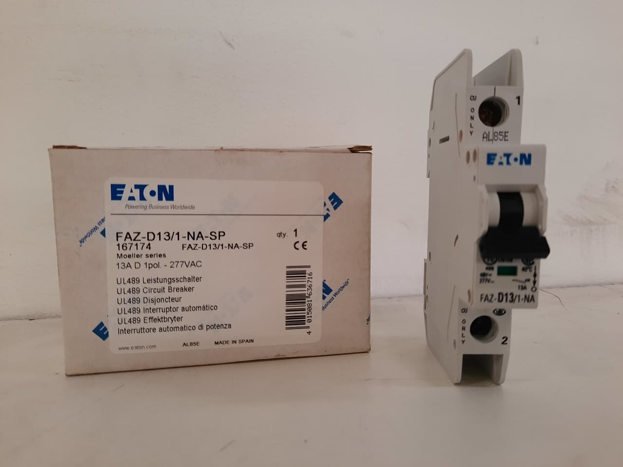 Eaton FAZ-D13/1-NA-SP Eaton FAZ branch protector,UL 489 Industrial miniature circuit breaker - supplementary protector,Single package,High levels of inrush current are expected,13 A,10 kAIC,Single-pole,277 V,10-20X /n,Q38,50-60 Hz,Screw terminals,D Curve Eaton FAZ-D13/1-NA-SP Eaton FAZ branch protector,UL 489 Industrial miniature circuit breaker - supplementary protector,Single package,High levels of inrush current are expected,13 A,10 kAIC,Single-pole,277 V,10-20X /n,Q38,50-60 Hz,Screw terminals,D Curve