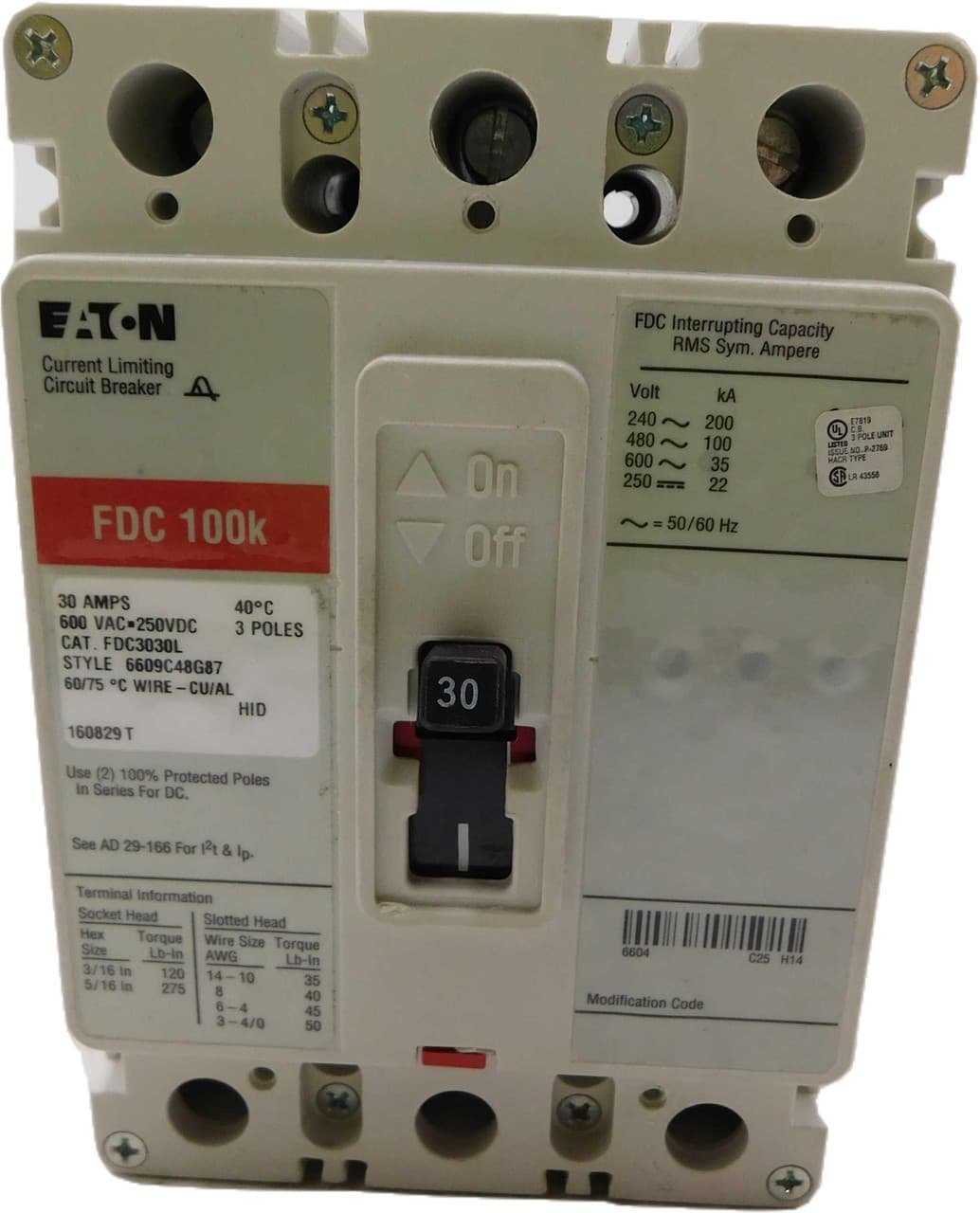 Eaton FDC3030L FDC3030L Eaton - Eaton Series C complete molded case circuit breaker, F-frame, FDC, Complete breaker, Fixed thermal, fixed magnetic trip type, Three-pole, 30A, 600 Vac, 250 Vdc, 200 kAIC at 240 Vac, 100 kAIC at 480 Vac, Line and load, 50/60 Hz Eaton FDC3030L FDC3030L Eaton - Eaton Series C complete molded case circuit breaker, F-frame, FDC, Complete breaker, Fixed thermal, fixed magnetic trip type, Three-pole, 30A, 600 Vac, 250 Vdc, 200 kAIC at 240 Vac, 100 kAIC at 480 Vac, Line and load, 50/60 Hz