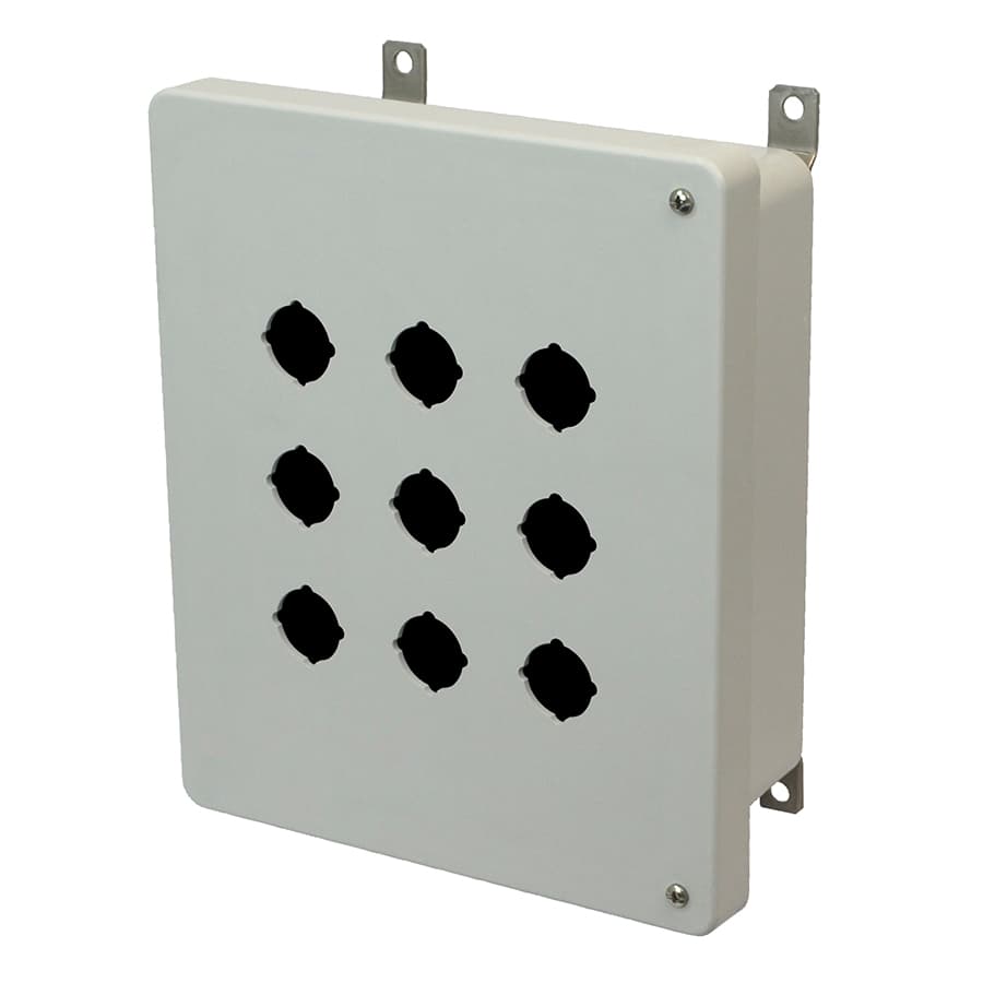 Allied Moulded Products AM1084HP9 10"x8"x4" AM Series fiberglass wall mount enclosure assembly with 2-screw hinged cover and 9 pushbutton holes Allied Moulded Products AM1084HP9 10"x8"x4" AM Series fiberglass wall mount enclosure assembly with 2-screw hinged cover and 9 pushbutton holes