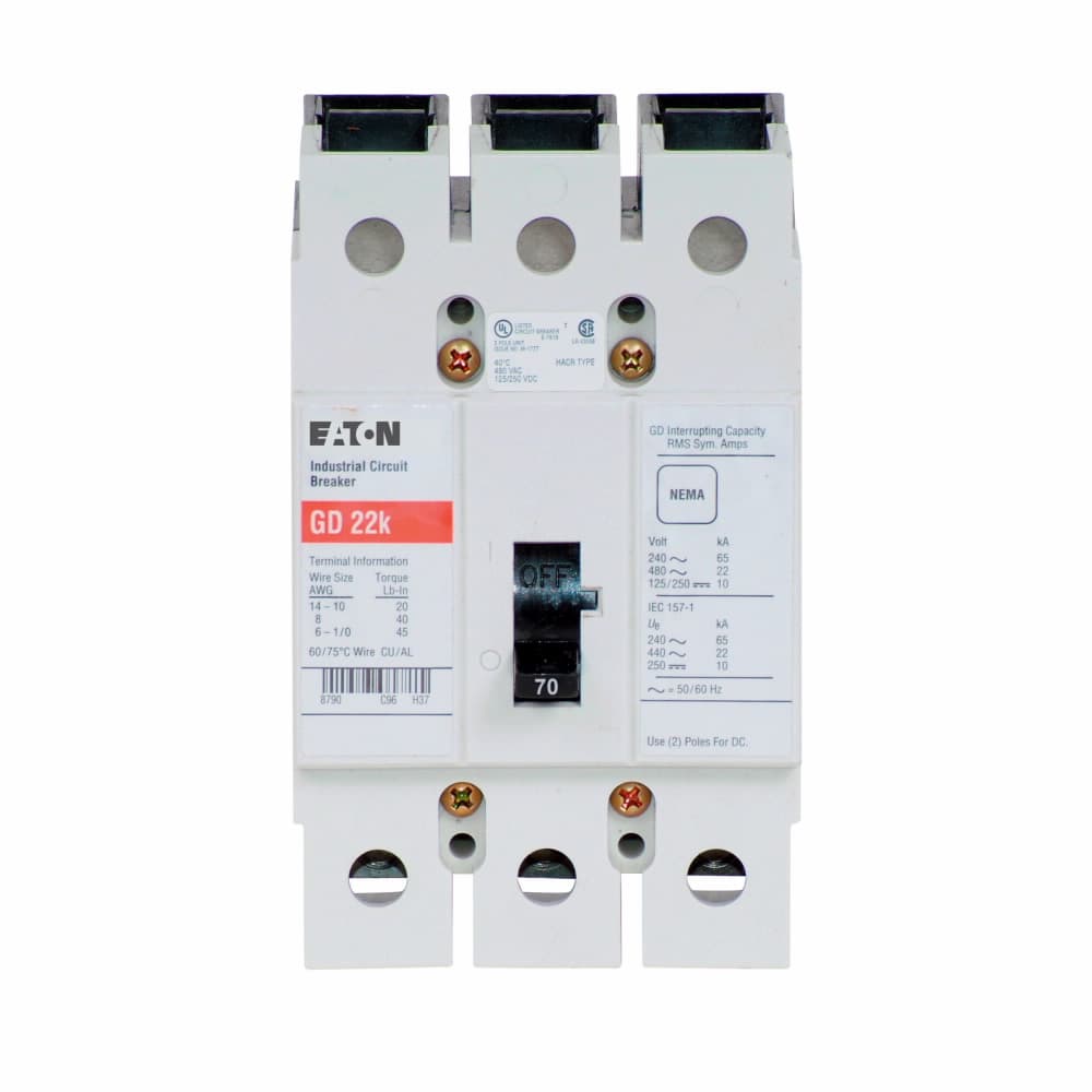 Eaton GD3070 GD3070 Eaton - Eaton Series C complete molded case circuit breaker, G-frame, GD, Complete breaker, Fixed thermal, fixed magnetic trip type, Three-pole, 70A, 480 Vac, 125/250 Vdc, 65 kAIC at 240 Vac, 14 kAIC at 480 Vac, 50/60 Hz Eaton GD3070 GD3070 Eaton - Eaton Series C complete molded case circuit breaker, G-frame, GD, Complete breaker, Fixed thermal, fixed magnetic trip type, Three-pole, 70A, 480 Vac, 125/250 Vdc, 65 kAIC at 240 Vac, 14 kAIC at 480 Vac, 50/60 Hz