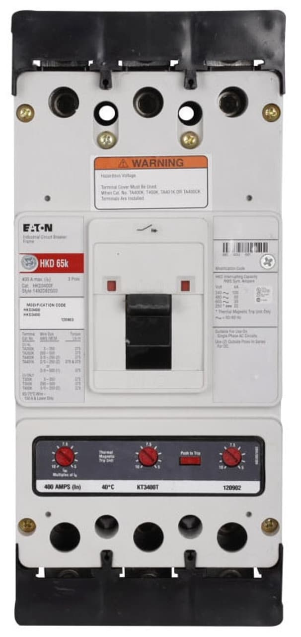 Eaton HKD3300 HKD3300 Eaton - Eaton Series C complete molded case circuit breaker, K-frame, HKD, Fixed thermal, Fixed magnetic trip, Three-pole, 300 A, 600 Vac, 250 Vdc, 100 kAIC at 240 Vac, 65 kAIC at 480 Vac, Aluminum, Line and load, 50/60 Hz Eaton HKD3300 HKD3300 Eaton - Eaton Series C complete molded case circuit breaker, K-frame, HKD, Fixed thermal, Fixed magnetic trip, Three-pole, 300 A, 600 Vac, 250 Vdc, 100 kAIC at 240 Vac, 65 kAIC at 480 Vac, Aluminum, Line and load, 50/60 Hz
